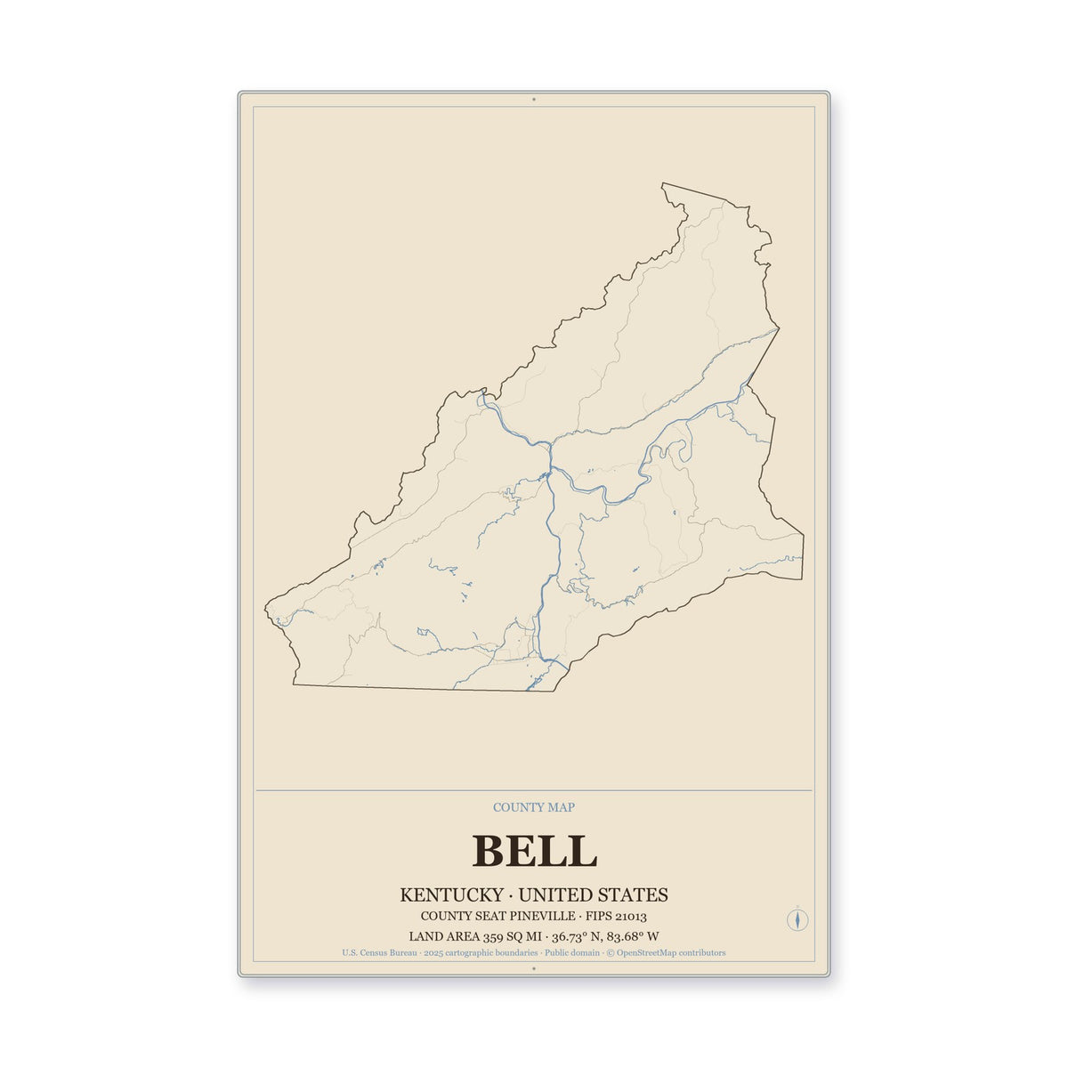 Bell County, Kentucky Map Aluminum Sign in Heritage Nautical style