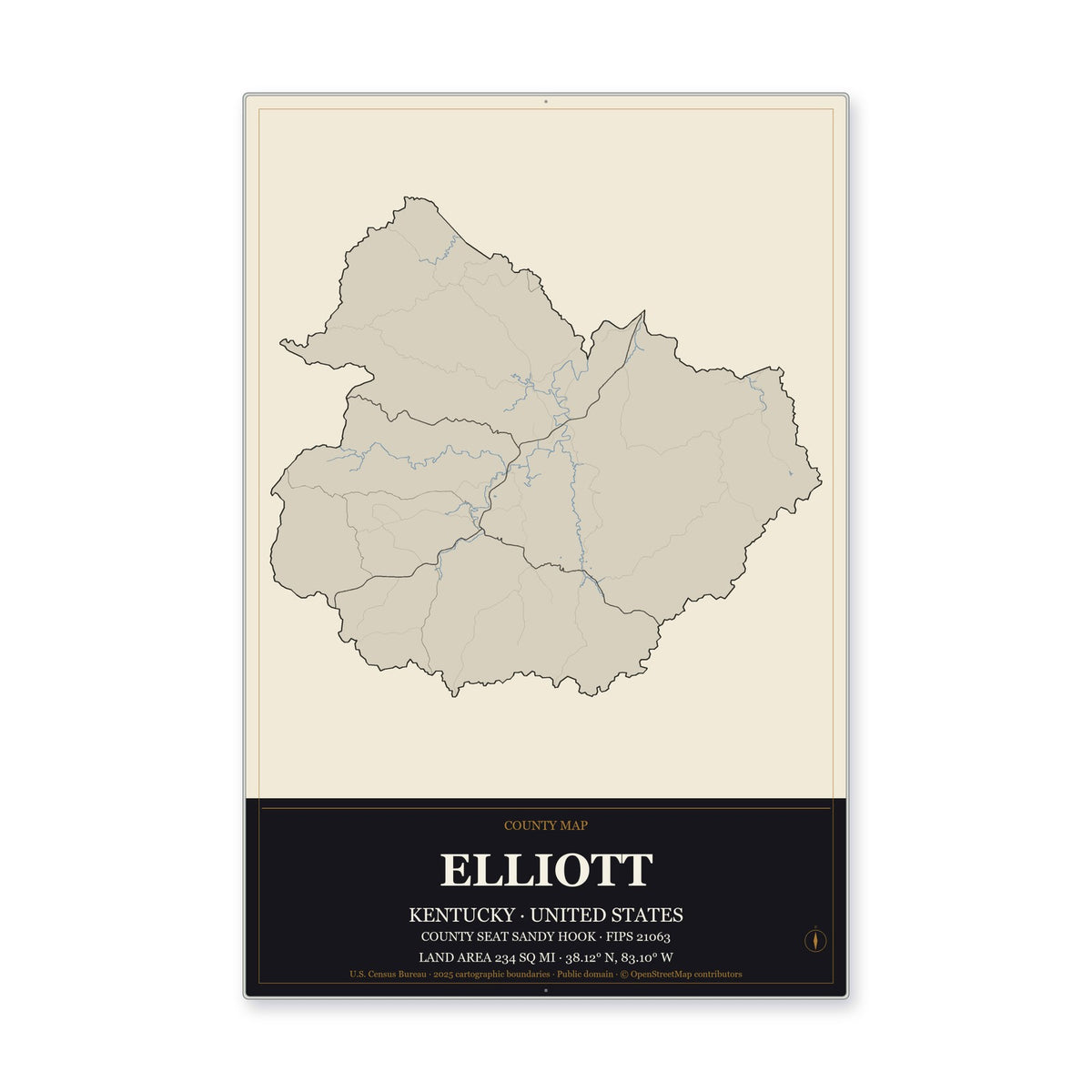 Elliott County, Kentucky Map Aluminum Sign in Museum Plaque style