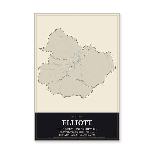Elliott County, Kentucky Map Aluminum Sign in Museum Plaque style