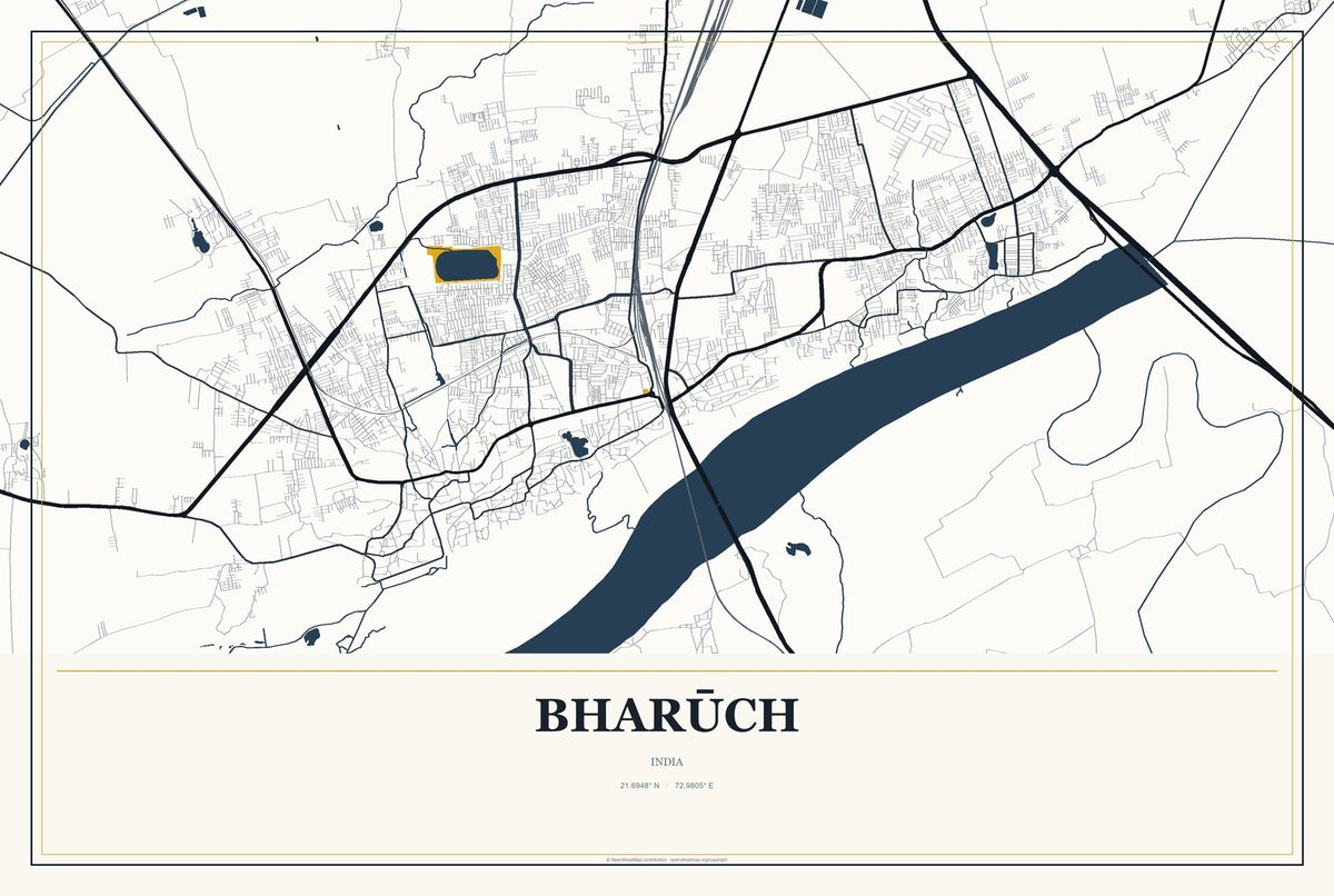 Bharūch, India City Map Aluminum Sign in Citrine Modern style
