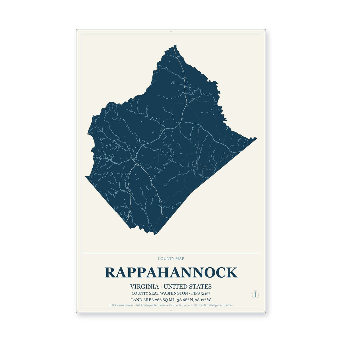 Rappahannock County, Virginia Map Aluminum Sign in Coastal Cutout style