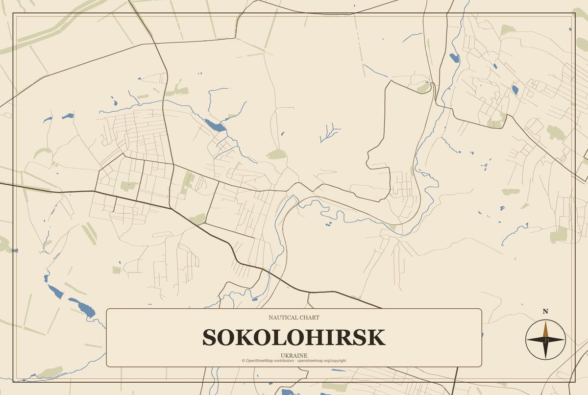 Sokolohirsk, Ukraine City Map Aluminum Sign in Heritage Nautical style