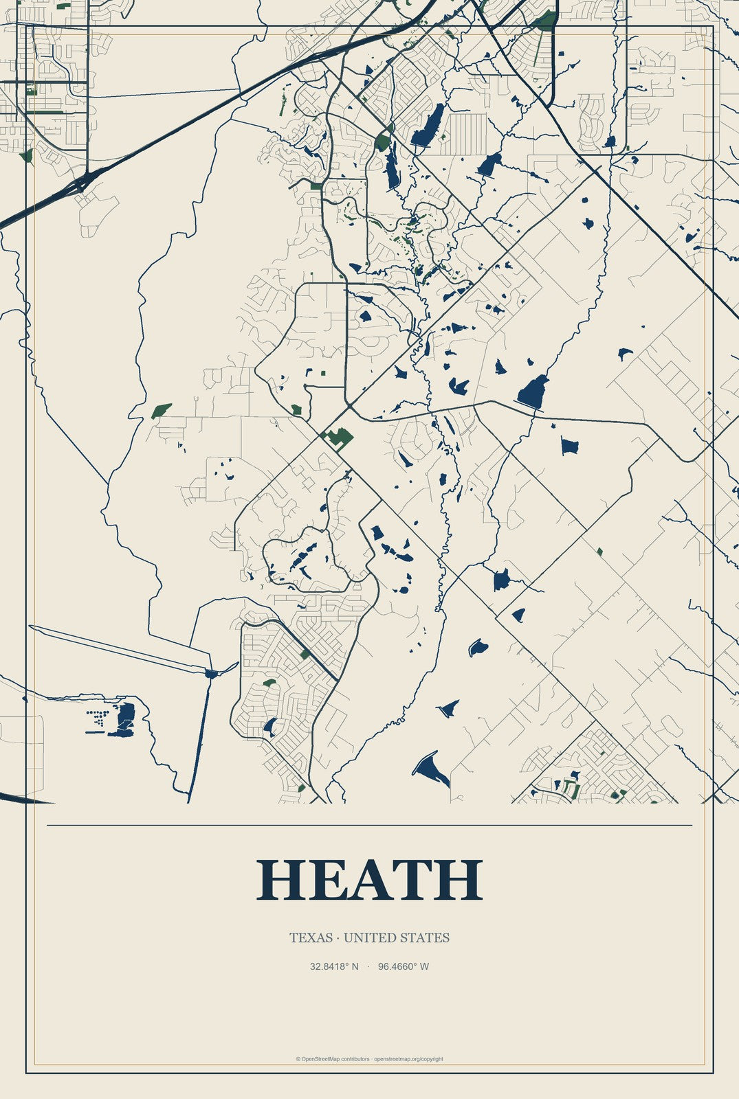 Heath, Texas City Map Aluminum Sign in Coastal Cutout style