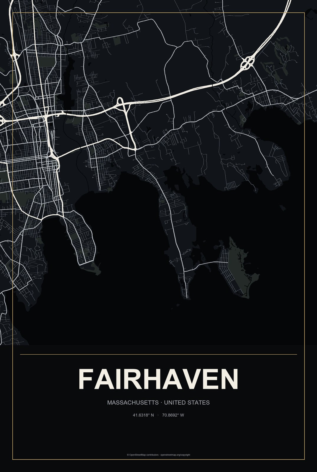 Fairhaven, Massachusetts City Map Aluminum Sign in Metropolitan Noir style