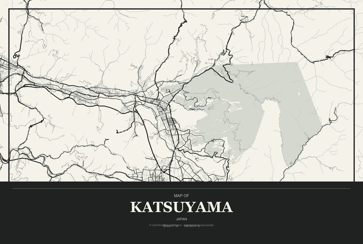 Katsuyama, Japan City Map Aluminum Sign in Museum Plaque style