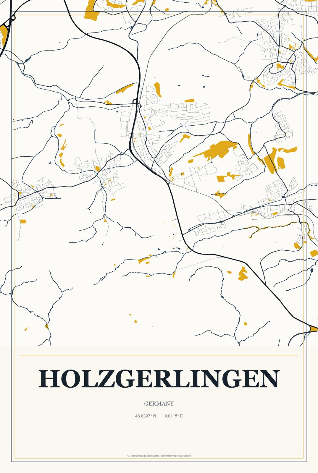Holzgerlingen, Germany City Map Aluminum Sign in Citrine Modern style