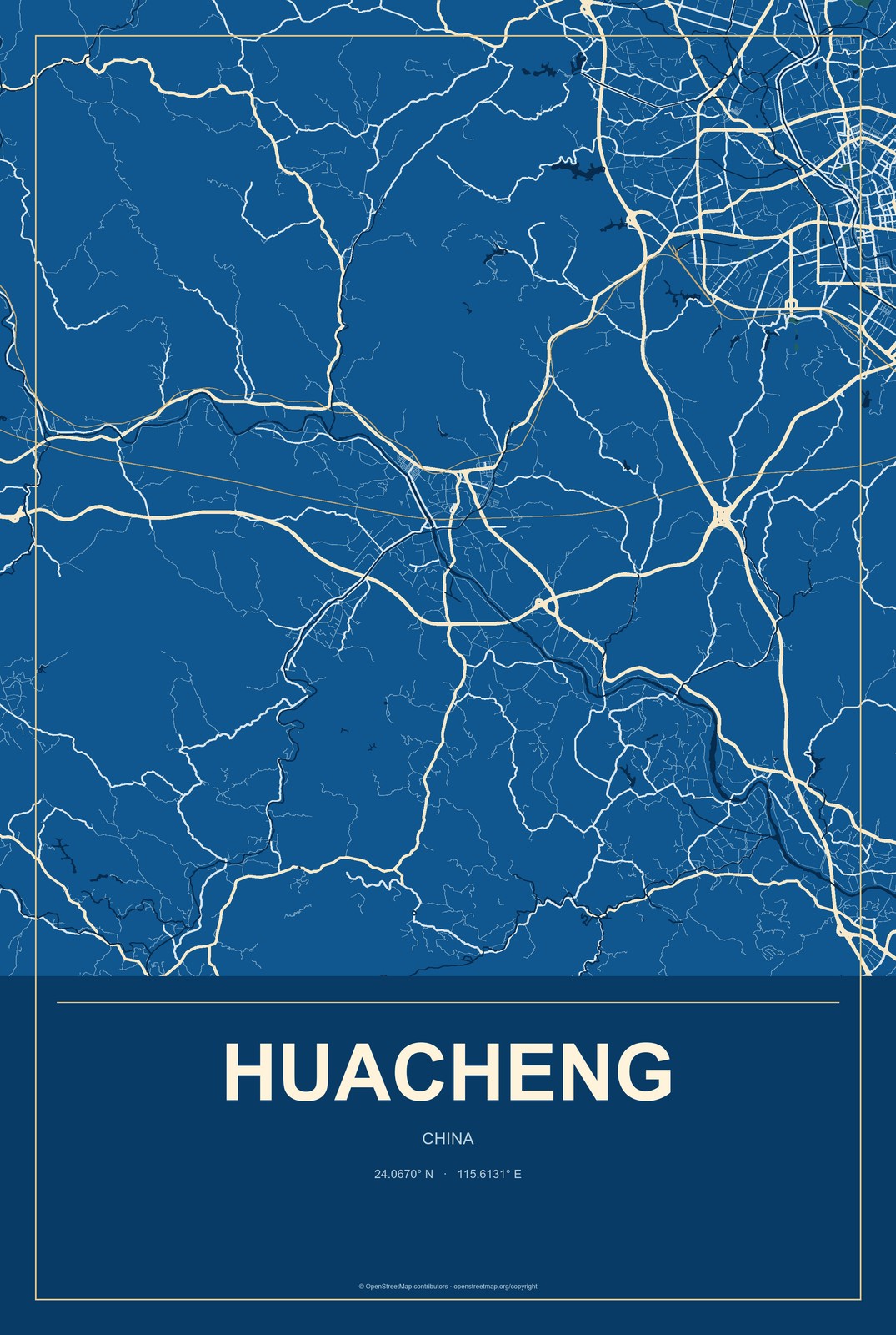 Huacheng, China City Map Aluminum Sign in Harbor Cobalt style
