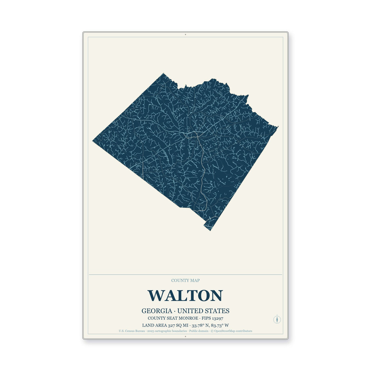 Walton County, Georgia Map Aluminum Sign in Coastal Cutout style