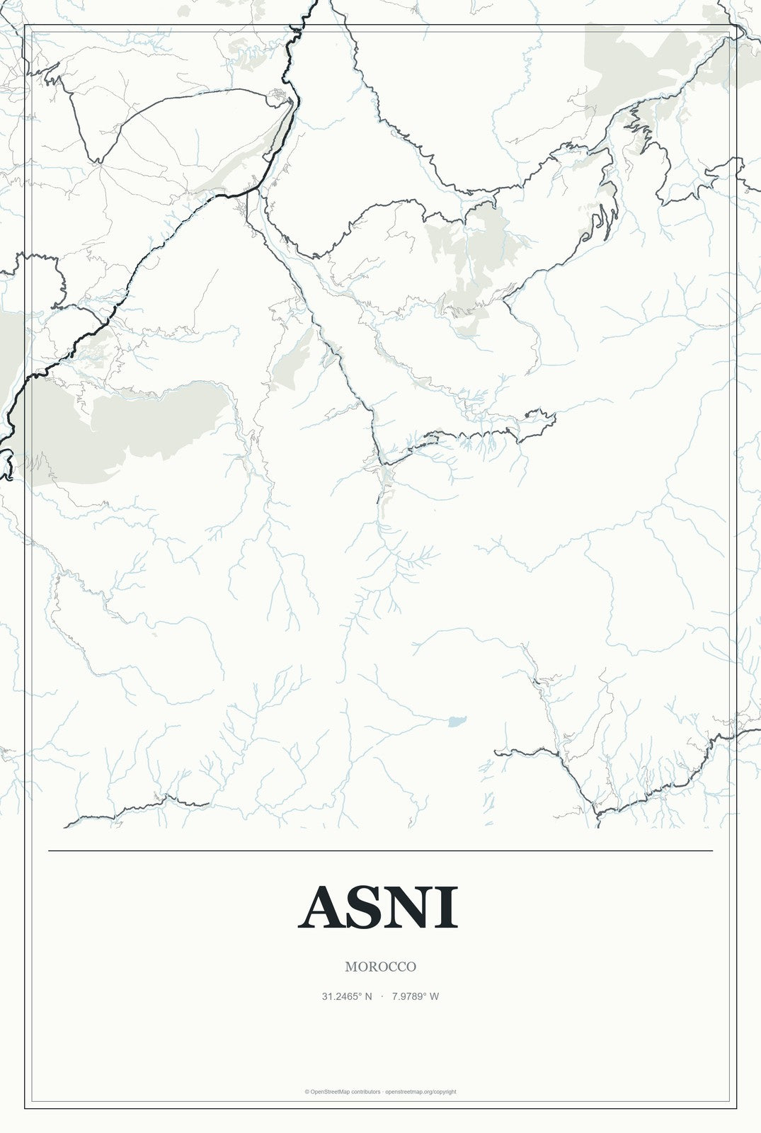 Asni, Morocco City Map Aluminum Sign in Gallery Air style