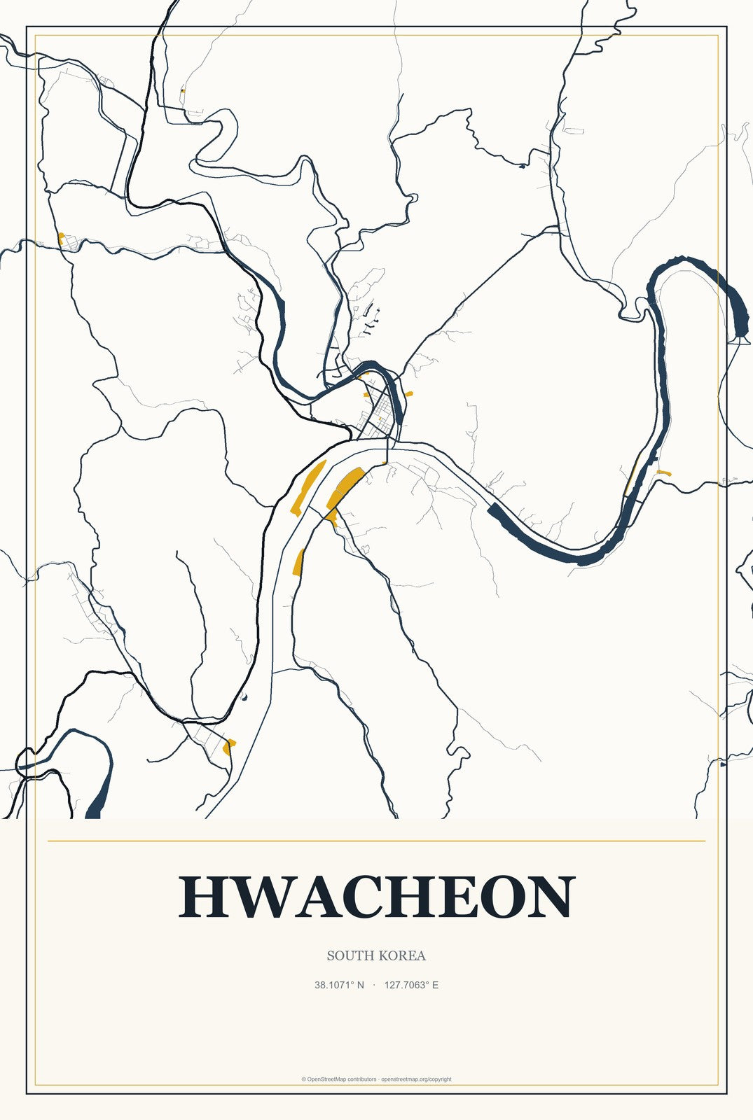 Hwacheon, South Korea City Map Aluminum Sign in Citrine Modern style