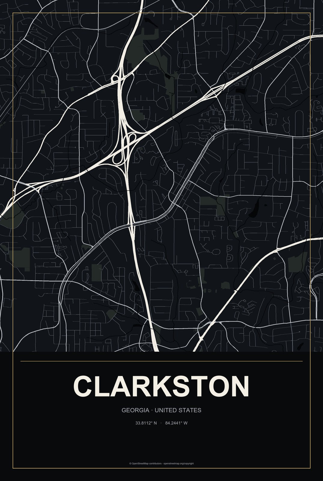 Clarkston, Georgia City Map Aluminum Sign in Metropolitan Noir style