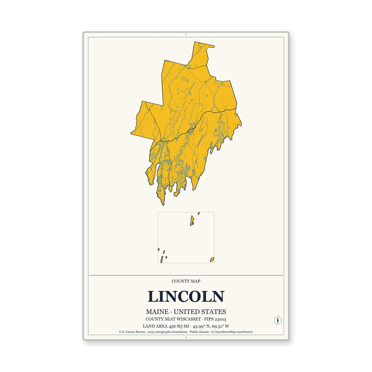 Lincoln County, Maine Map Aluminum Sign in Citrine Modern style