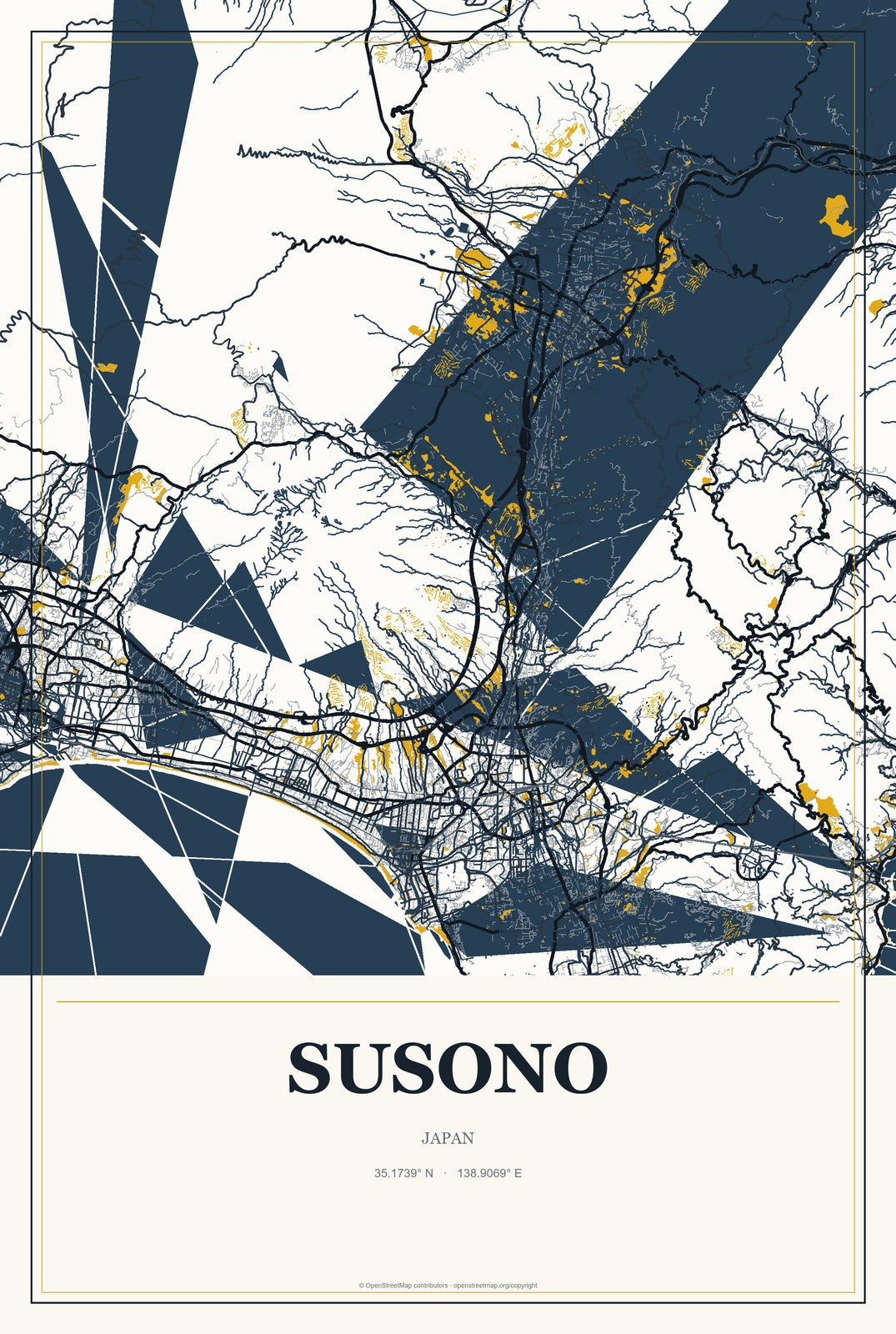 Susono, Japan City Map Aluminum Sign in Citrine Modern style