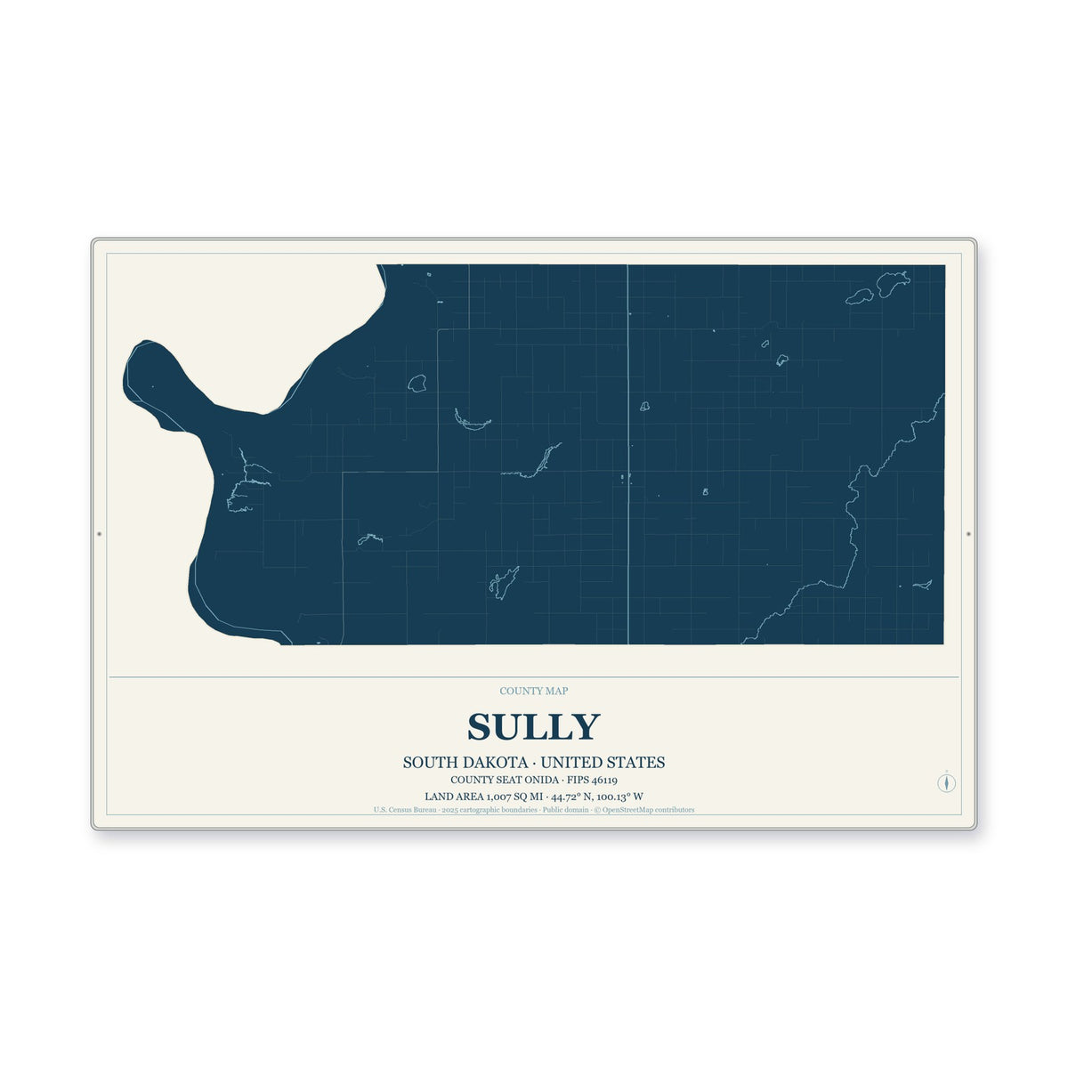 Sully County, South Dakota Map Aluminum Sign in Coastal Cutout style