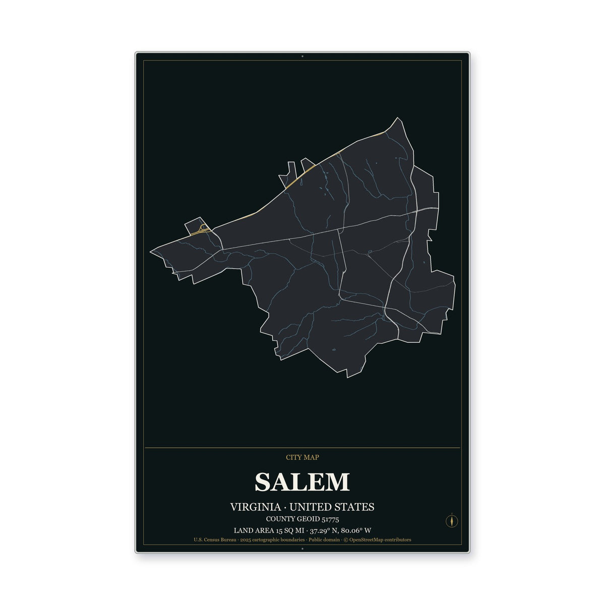 Salem city, Virginia Map Aluminum Sign in Metropolitan Noir style