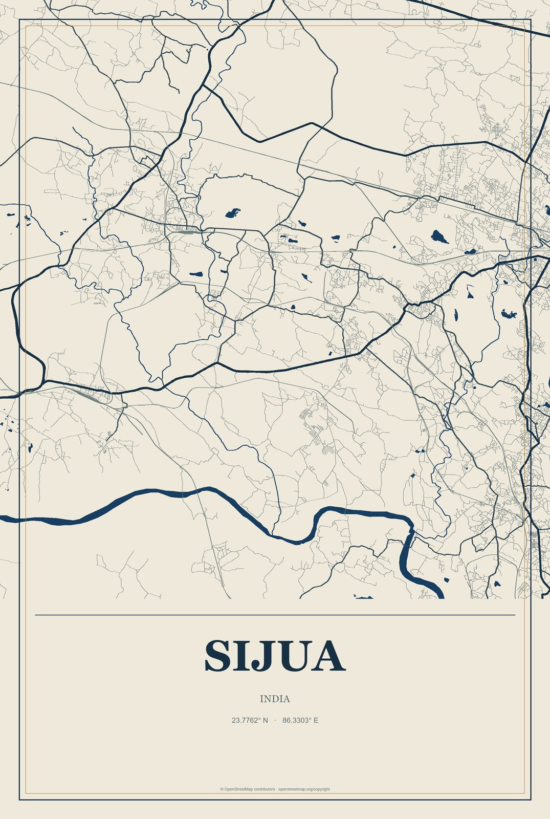 Sijua, India City Map Aluminum Sign in Coastal Cutout style