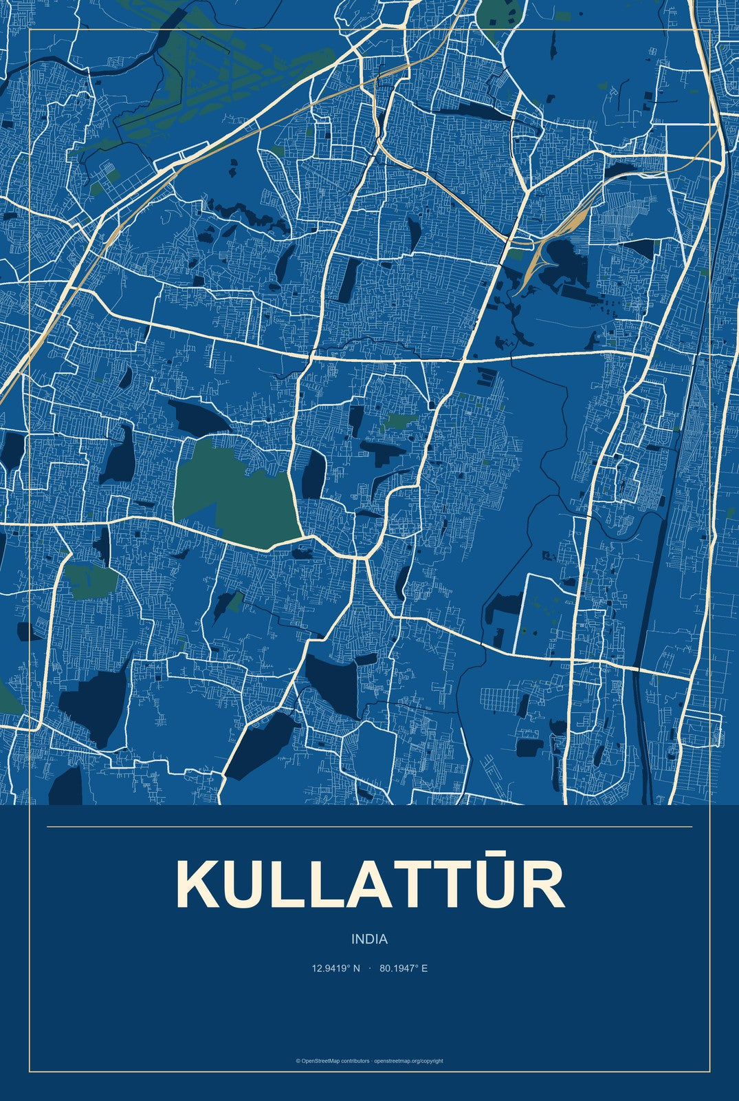 Kullattūr, India City Map Aluminum Sign in Harbor Cobalt style