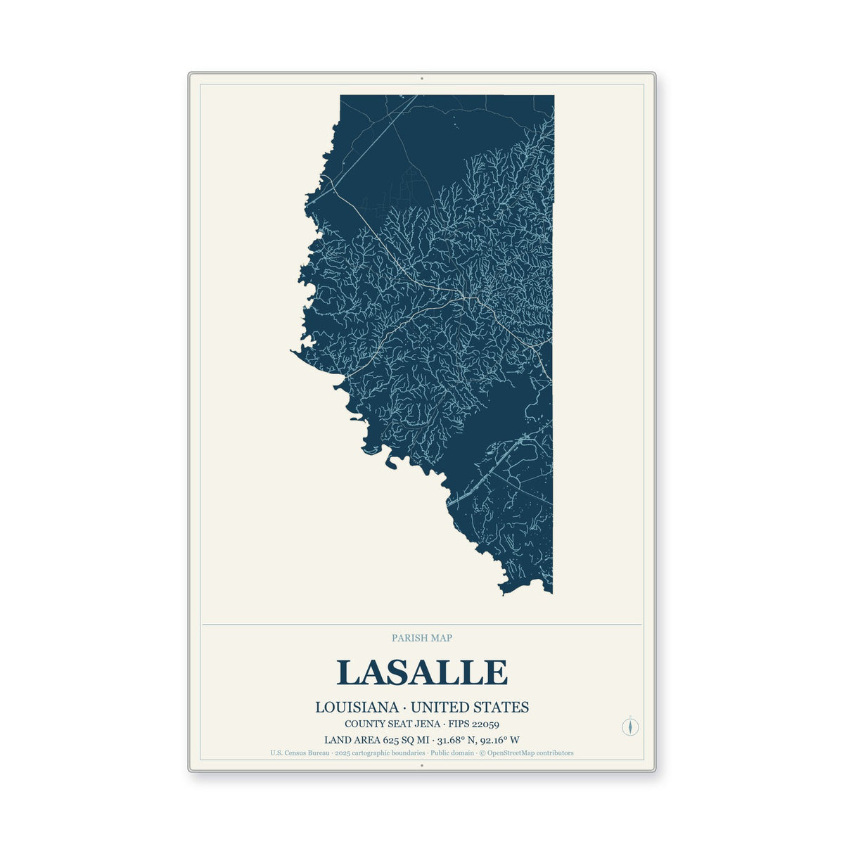 LaSalle Parish, Louisiana Map Aluminum Sign in Coastal Cutout style
