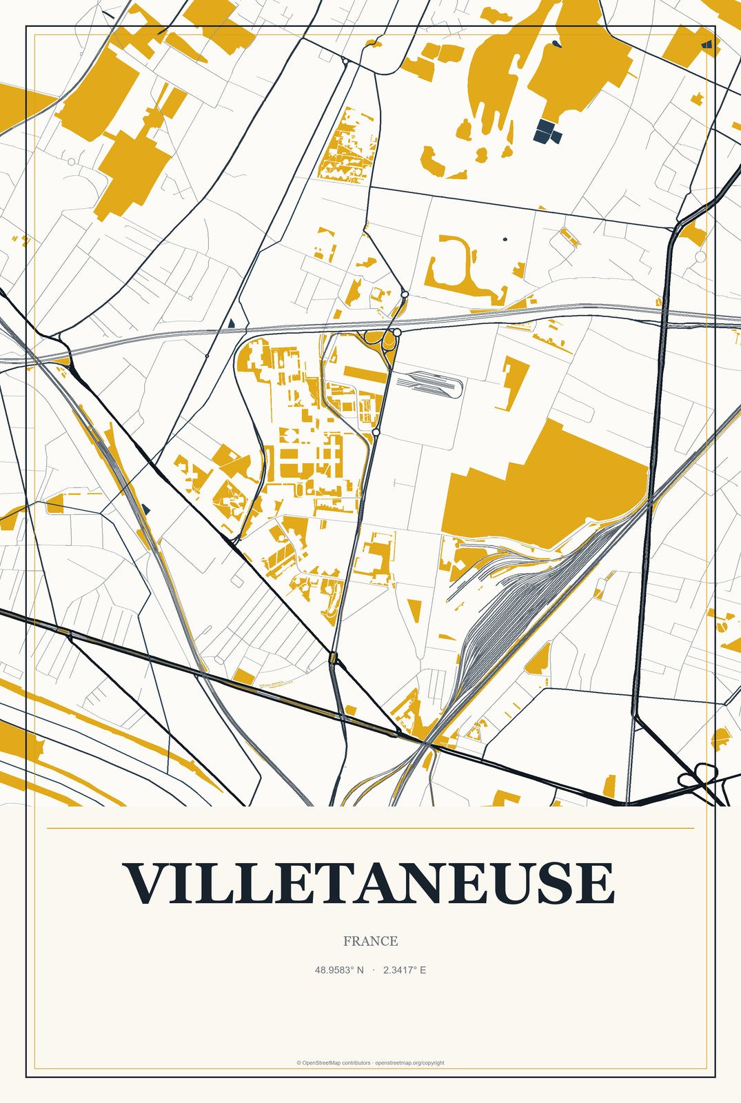Villetaneuse, France City Map Aluminum Sign in Citrine Modern style