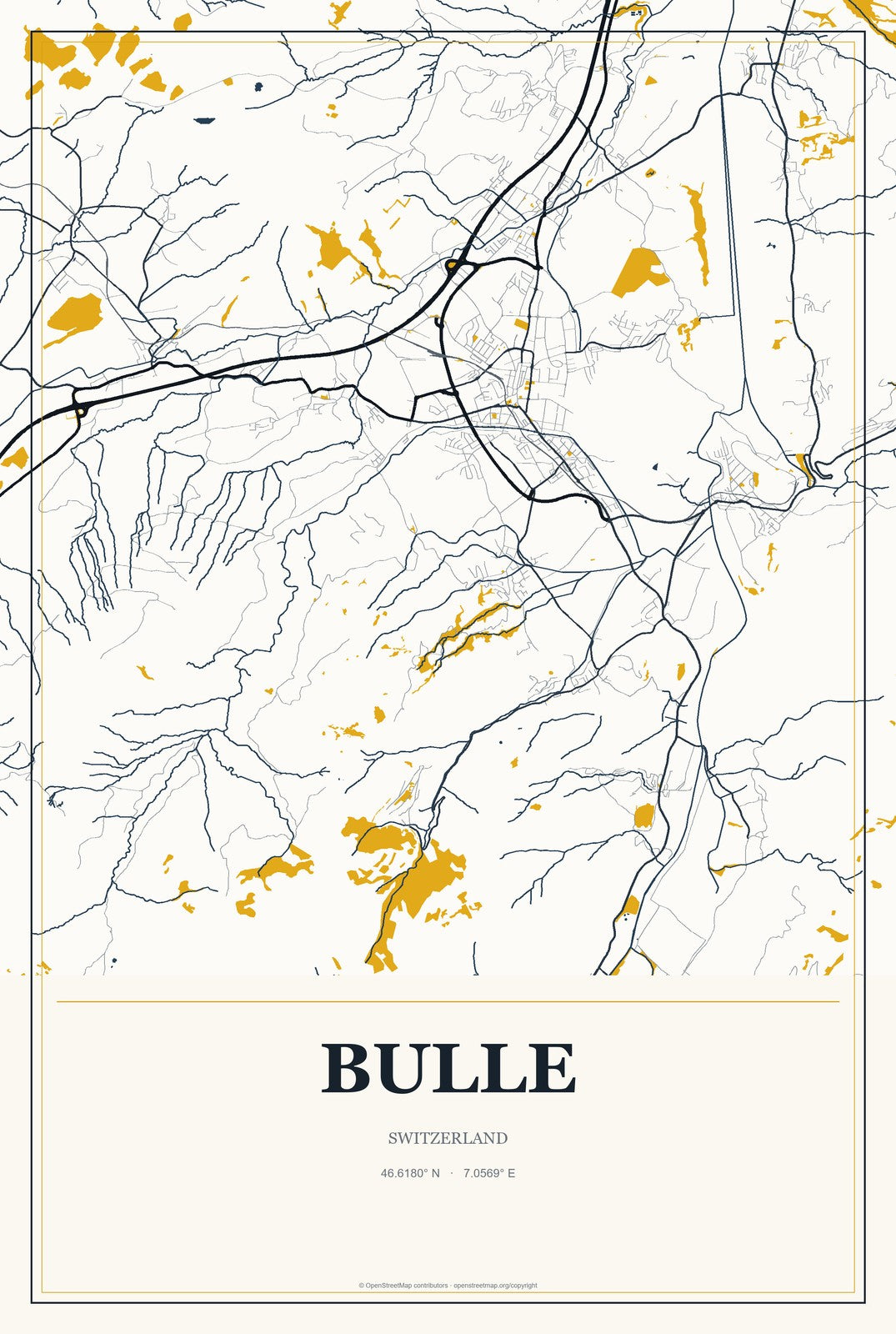 Bulle, Switzerland City Map Aluminum Sign in Citrine Modern style
