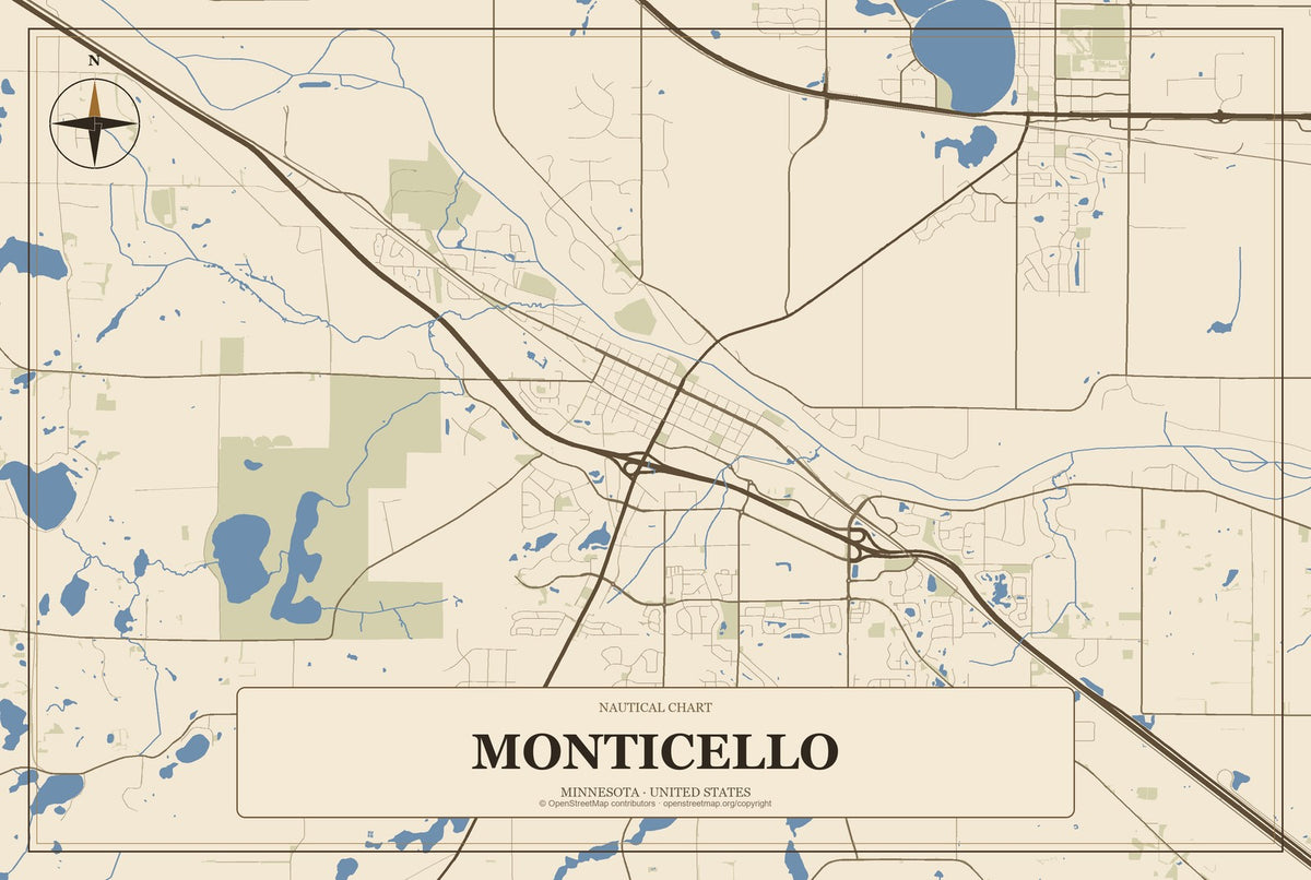 Monticello, Minnesota City Map Aluminum Sign in Heritage Nautical style
