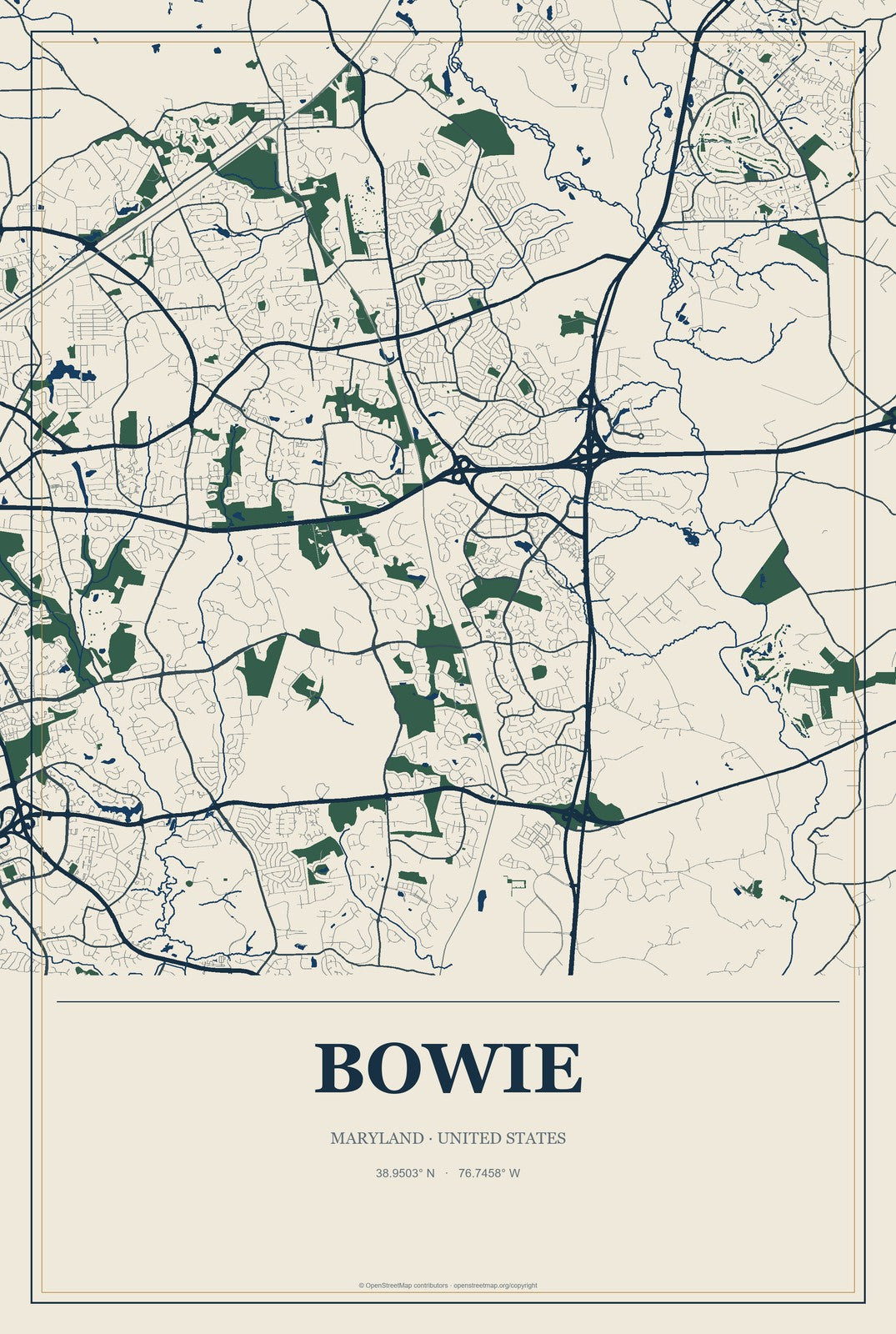 Bowie, Maryland City Map Aluminum Sign in Coastal Cutout style