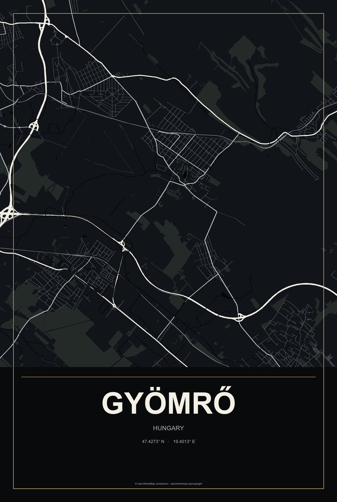 Gyömrő, Hungary City Map Aluminum Sign in Metropolitan Noir style