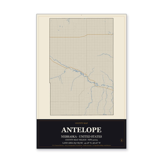 Antelope County, Nebraska Map Aluminum Sign in Museum Plaque style