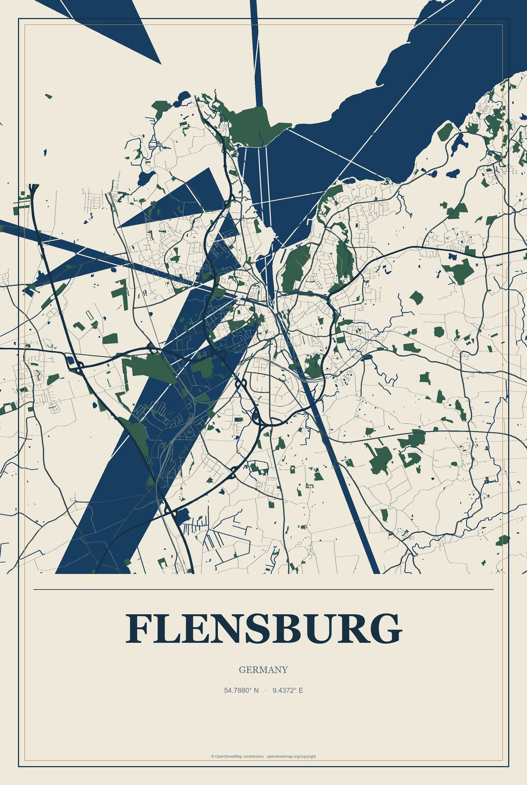 Flensburg, Germany City Map Aluminum Sign in Coastal Cutout style