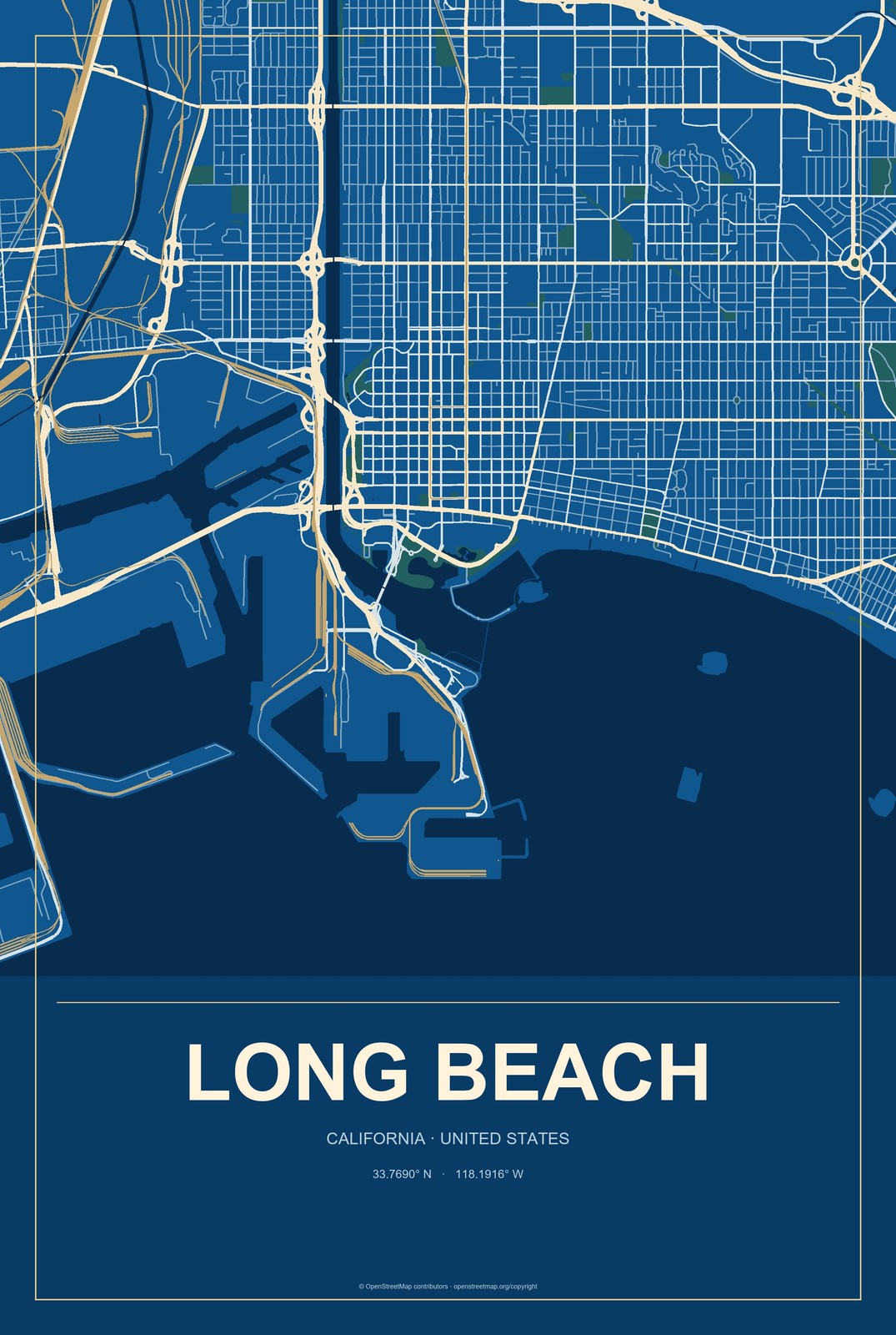 Long Beach, California City Map Aluminum Sign in Harbor Cobalt style