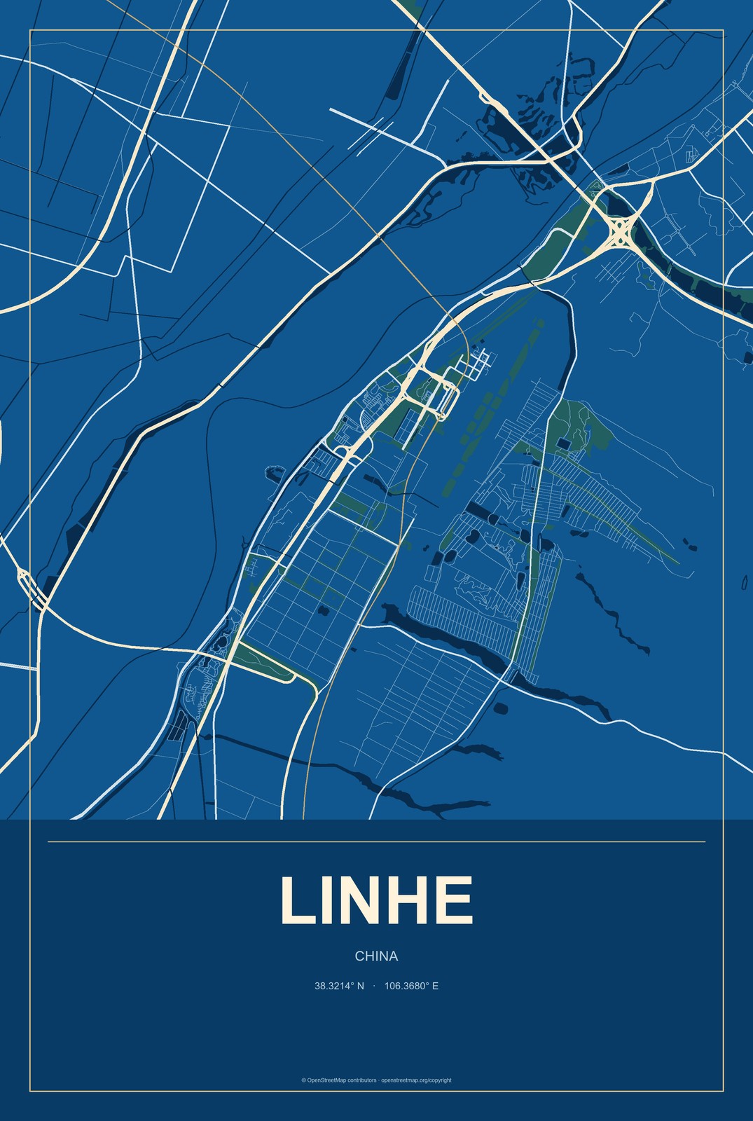 Linhe, China City Map Aluminum Sign in Harbor Cobalt style