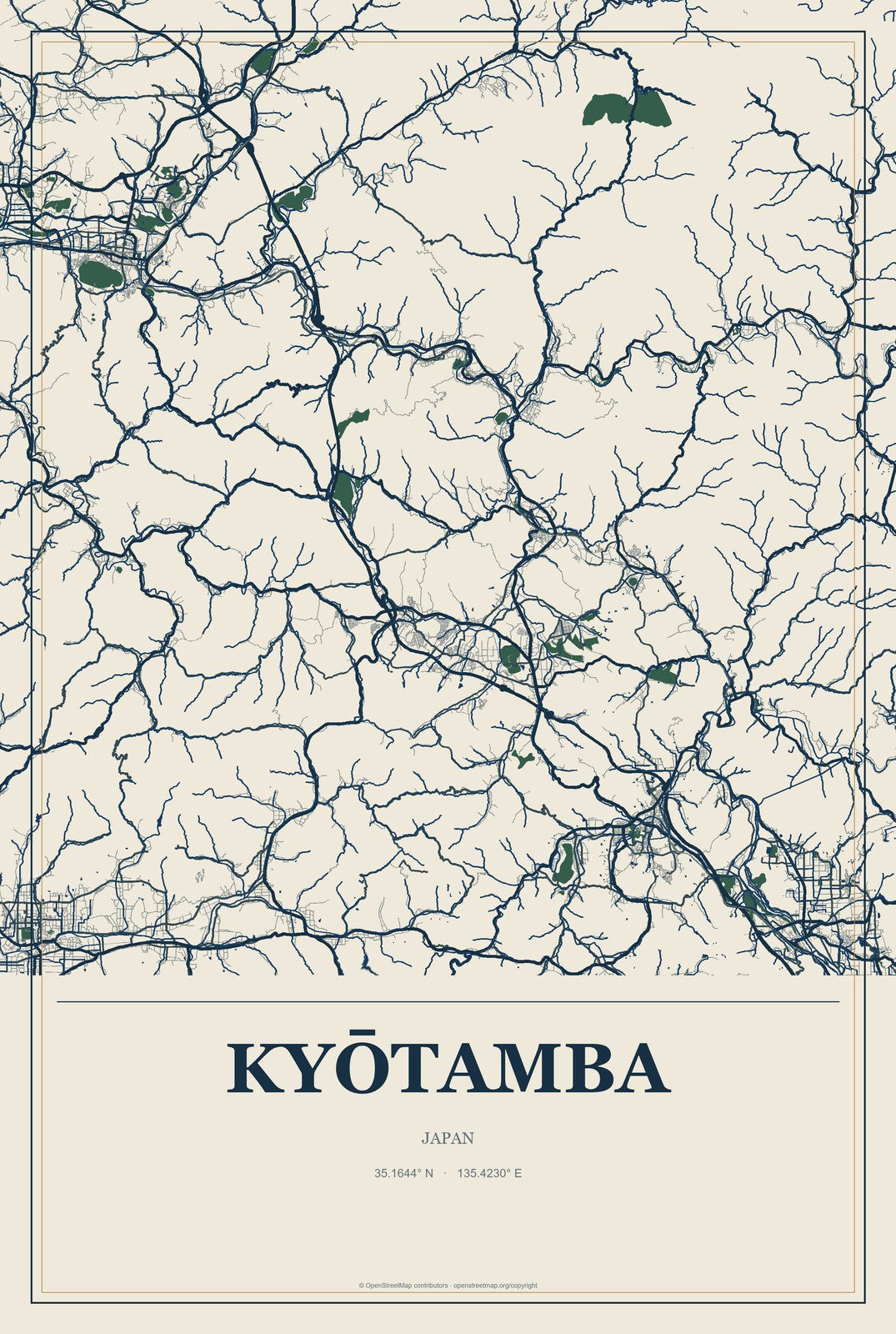 Kyōtamba, Japan City Map Aluminum Sign in Coastal Cutout style