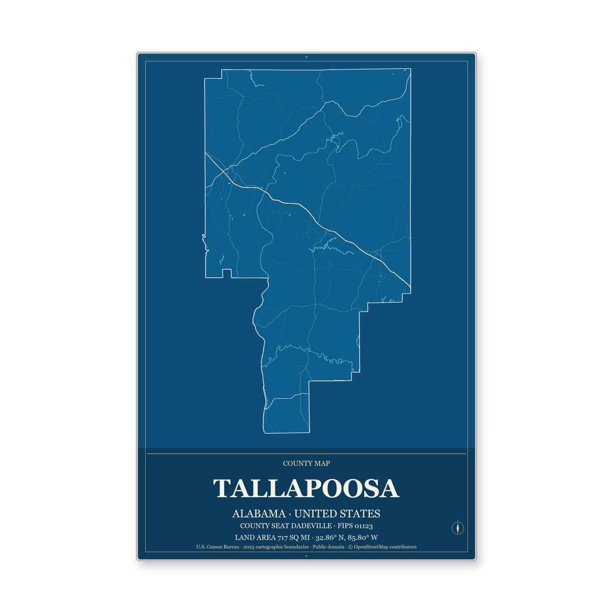 Tallapoosa County, Alabama Map Aluminum Sign in Harbor Cobalt style