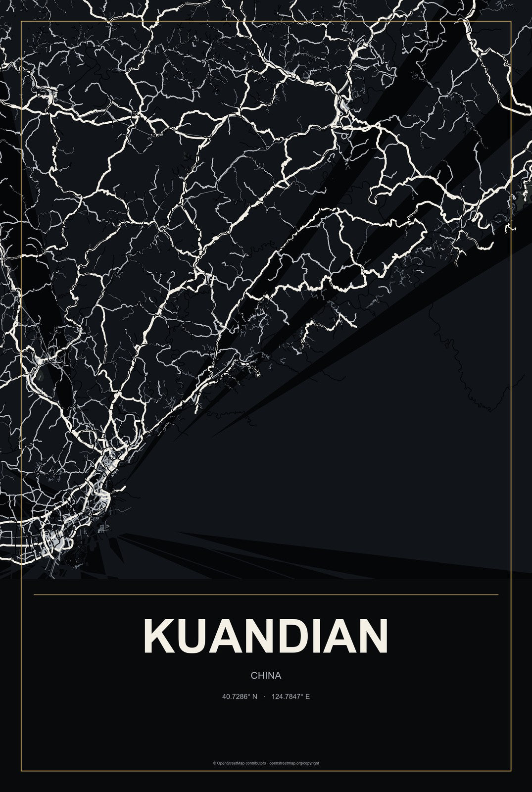 Kuandian, China City Map Aluminum Sign in Metropolitan Noir style
