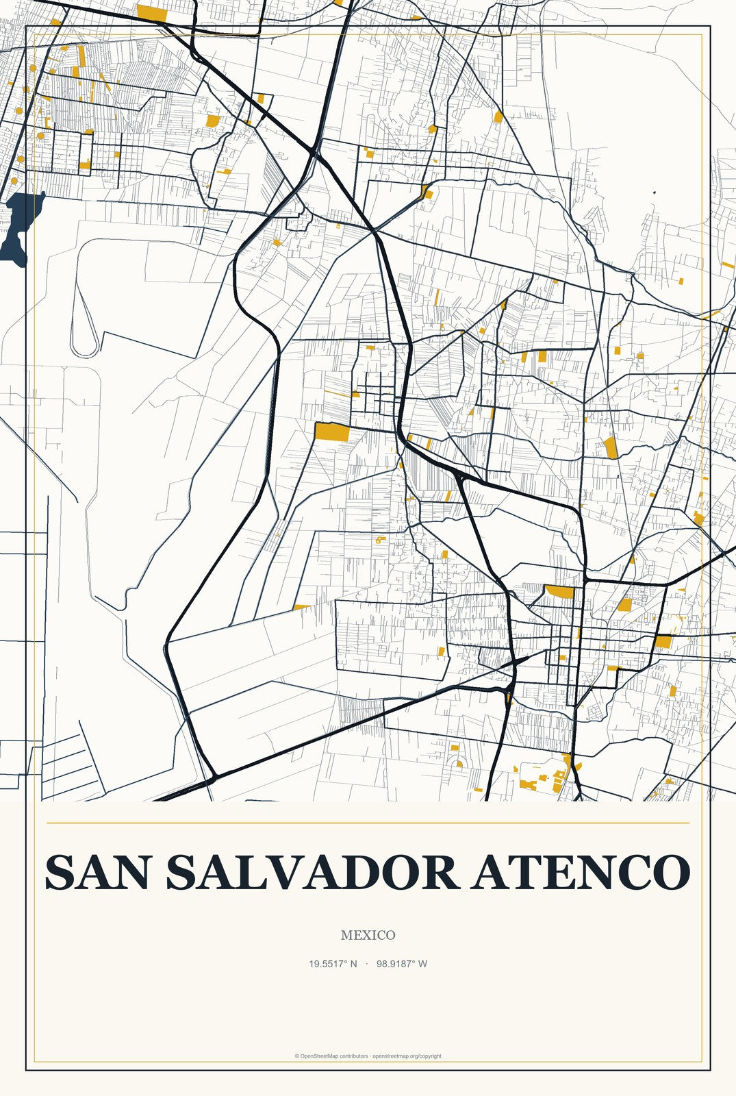 San Salvador Atenco, Mexico City Map Aluminum Sign in Citrine Modern style