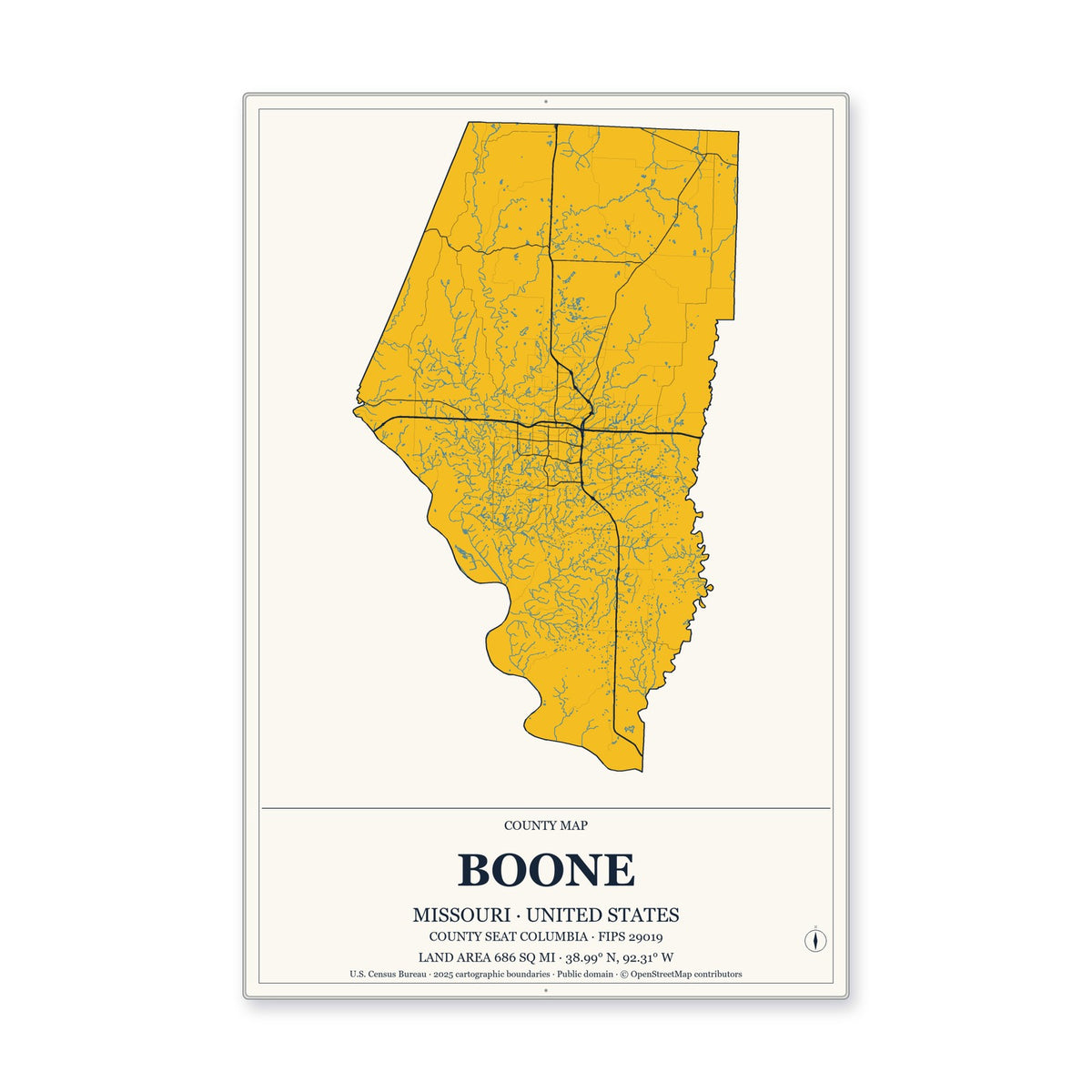 Boone County, Missouri Map Aluminum Sign in Citrine Modern style