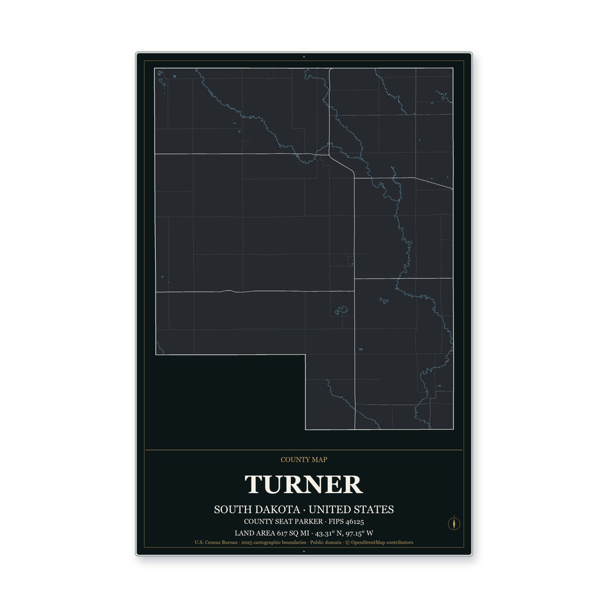 Turner County, South Dakota Map Aluminum Sign in Metropolitan Noir style