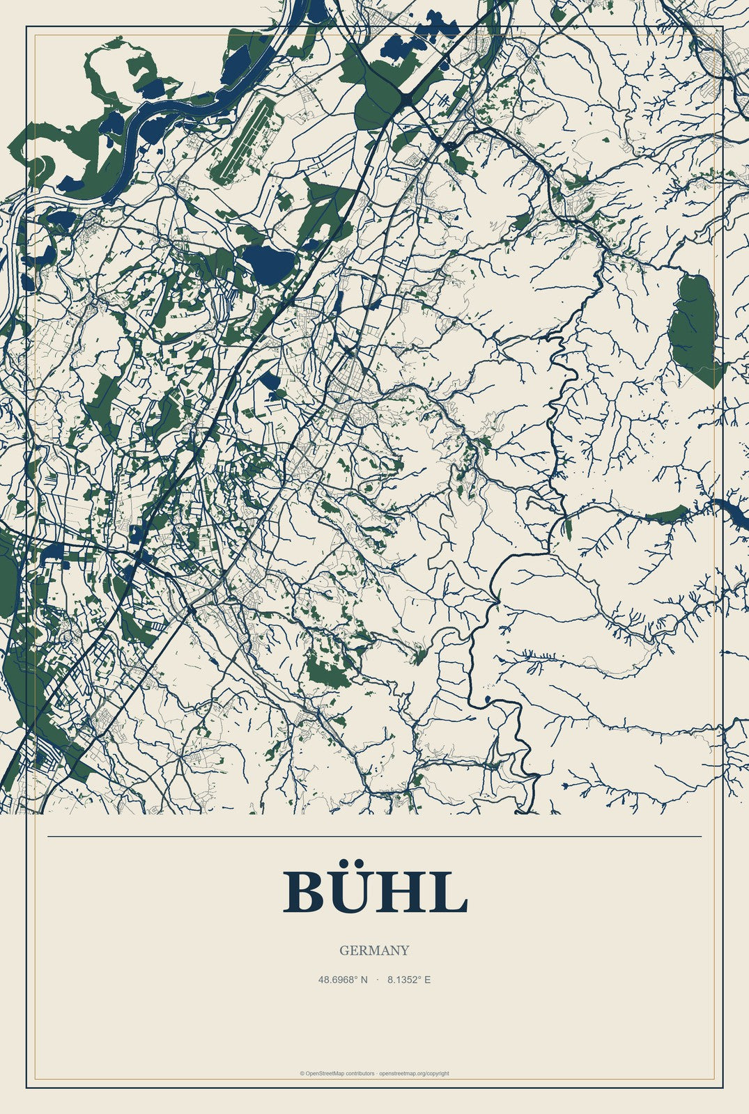 Bühl, Germany City Map Aluminum Sign in Coastal Cutout style
