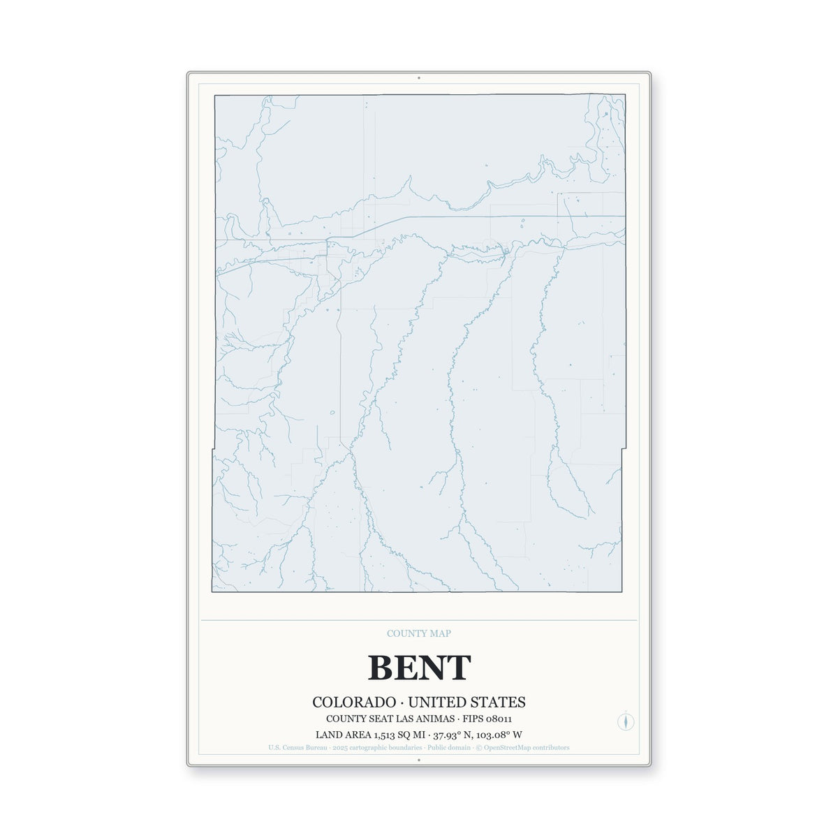 Bent County, Colorado Map Aluminum Sign in Gallery Air style