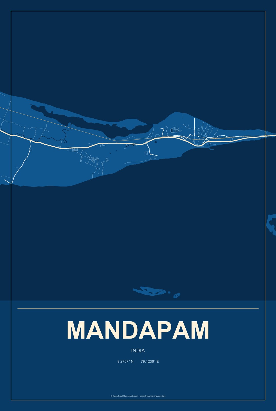 Mandapam, India City Map Aluminum Sign in Harbor Cobalt style
