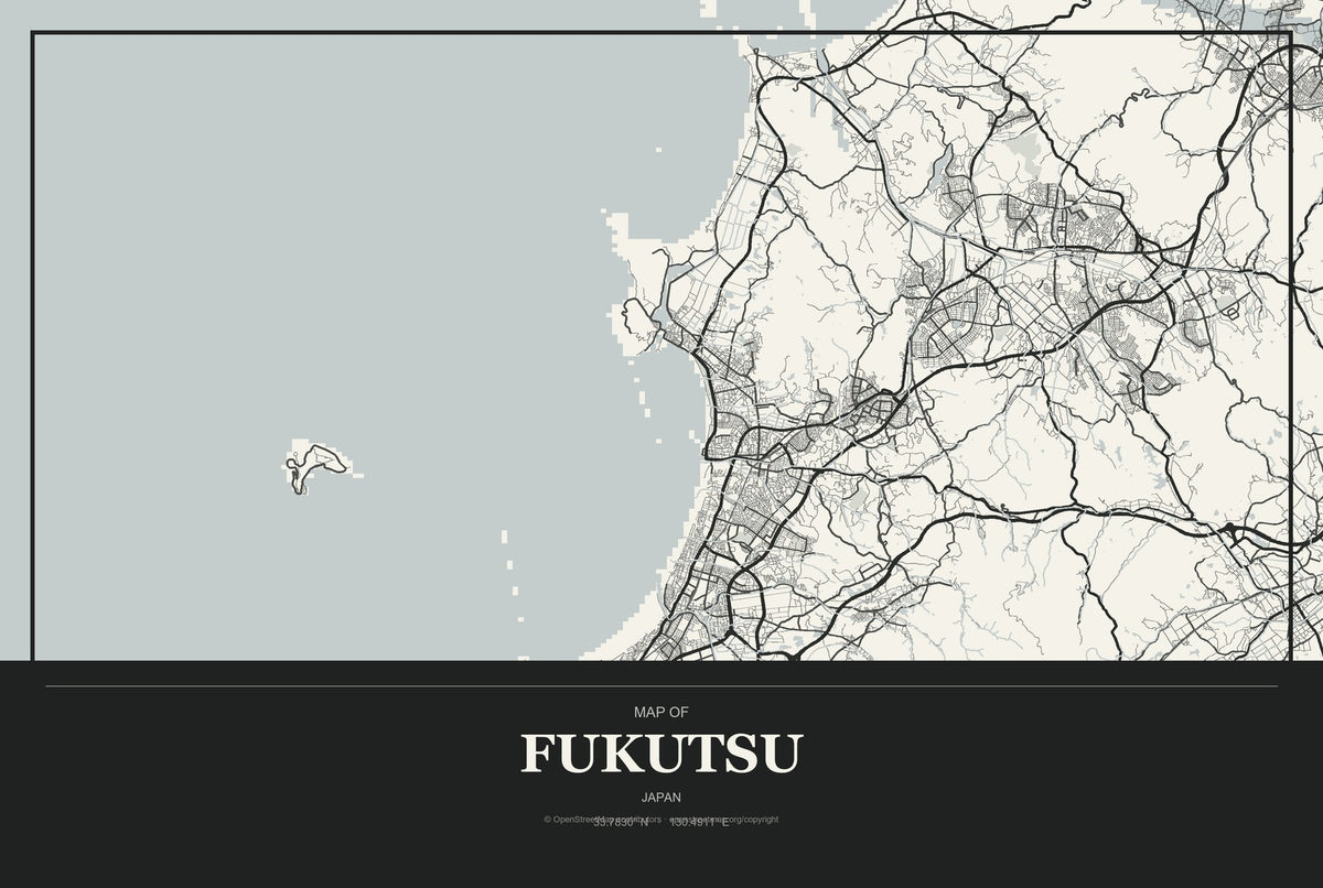 Fukutsu, Japan City Map Aluminum Sign in Museum Plaque style