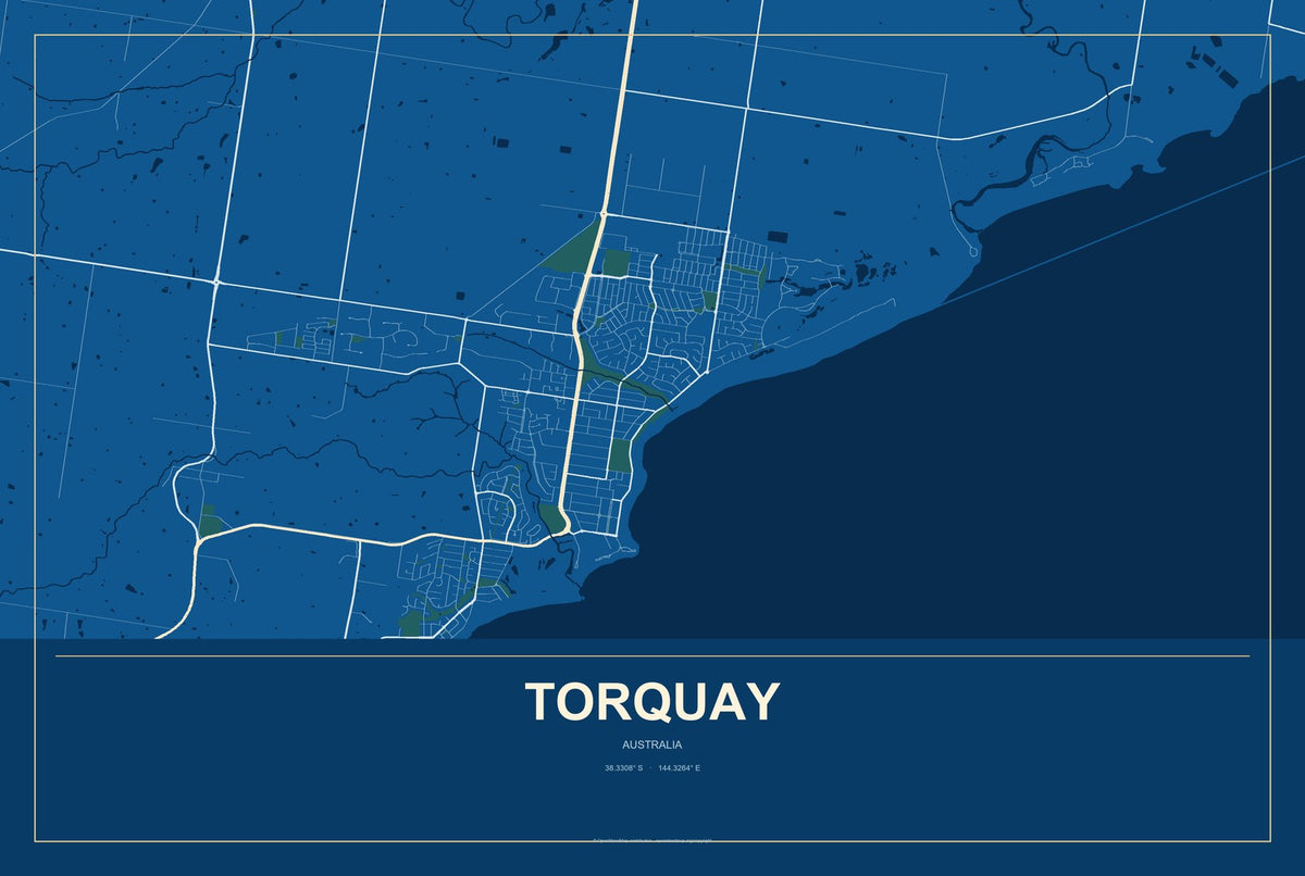 Torquay, Australia City Map Aluminum Sign in Harbor Cobalt style