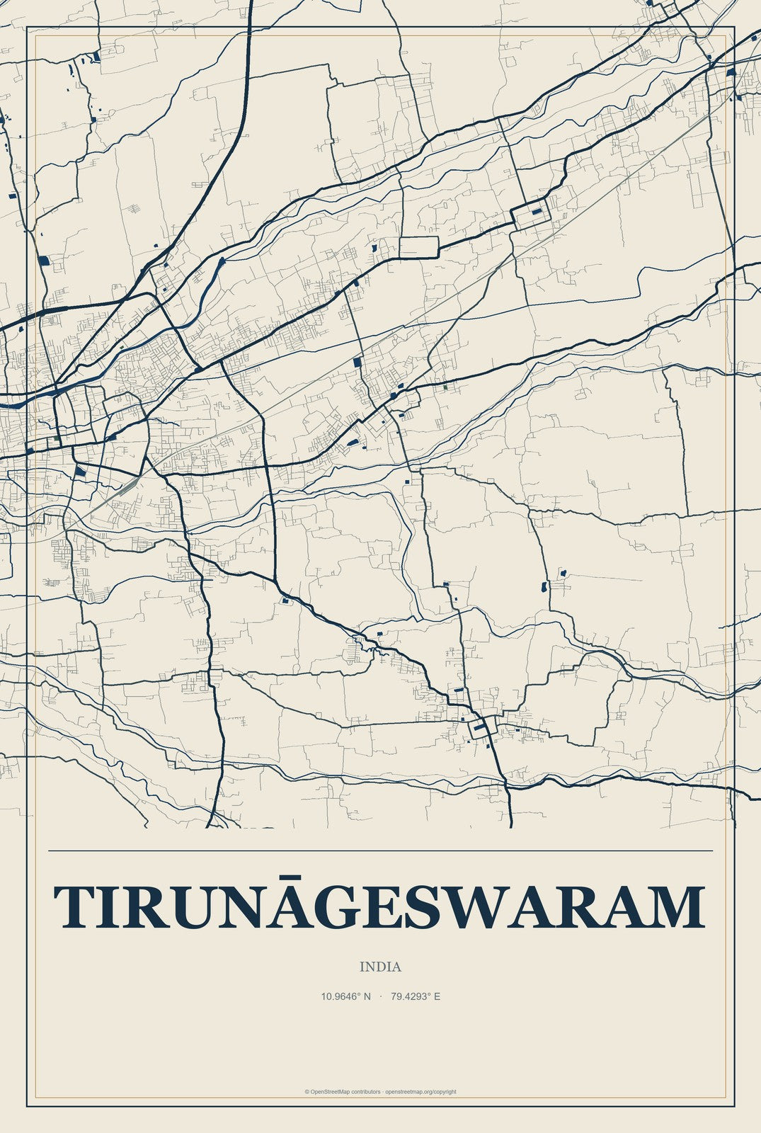 Tirunāgeswaram, India City Map Aluminum Sign in Coastal Cutout style
