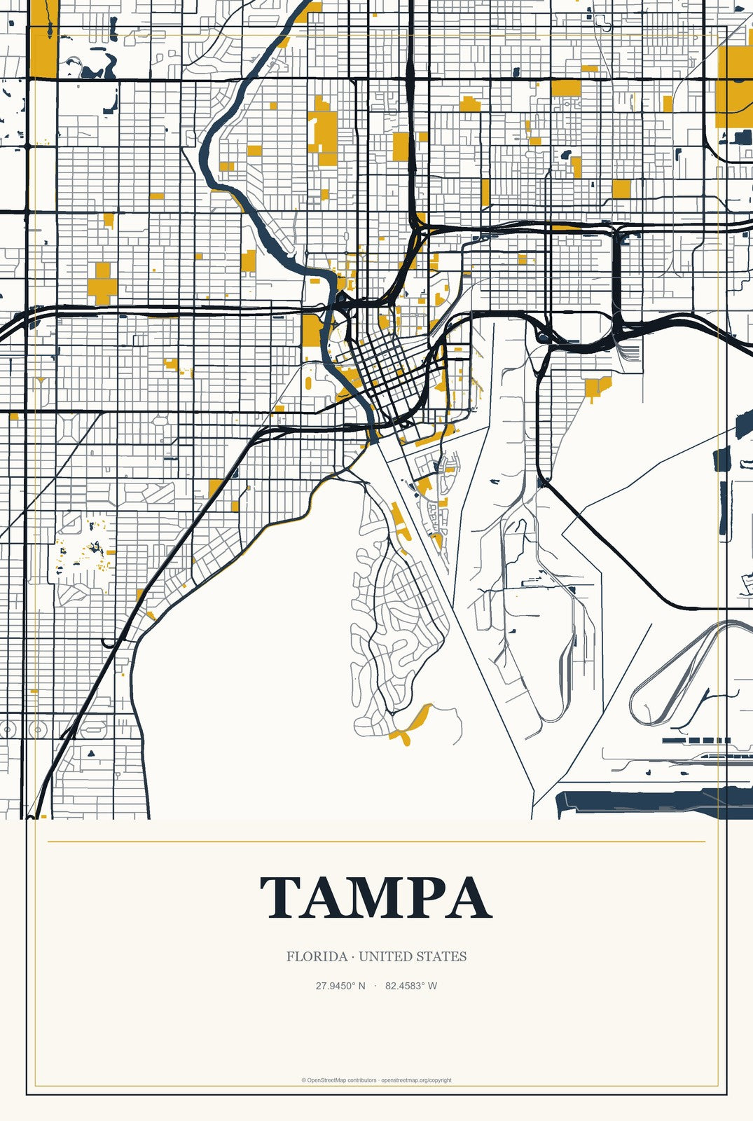 Tampa, Florida City Map Aluminum Sign in Citrine Modern style