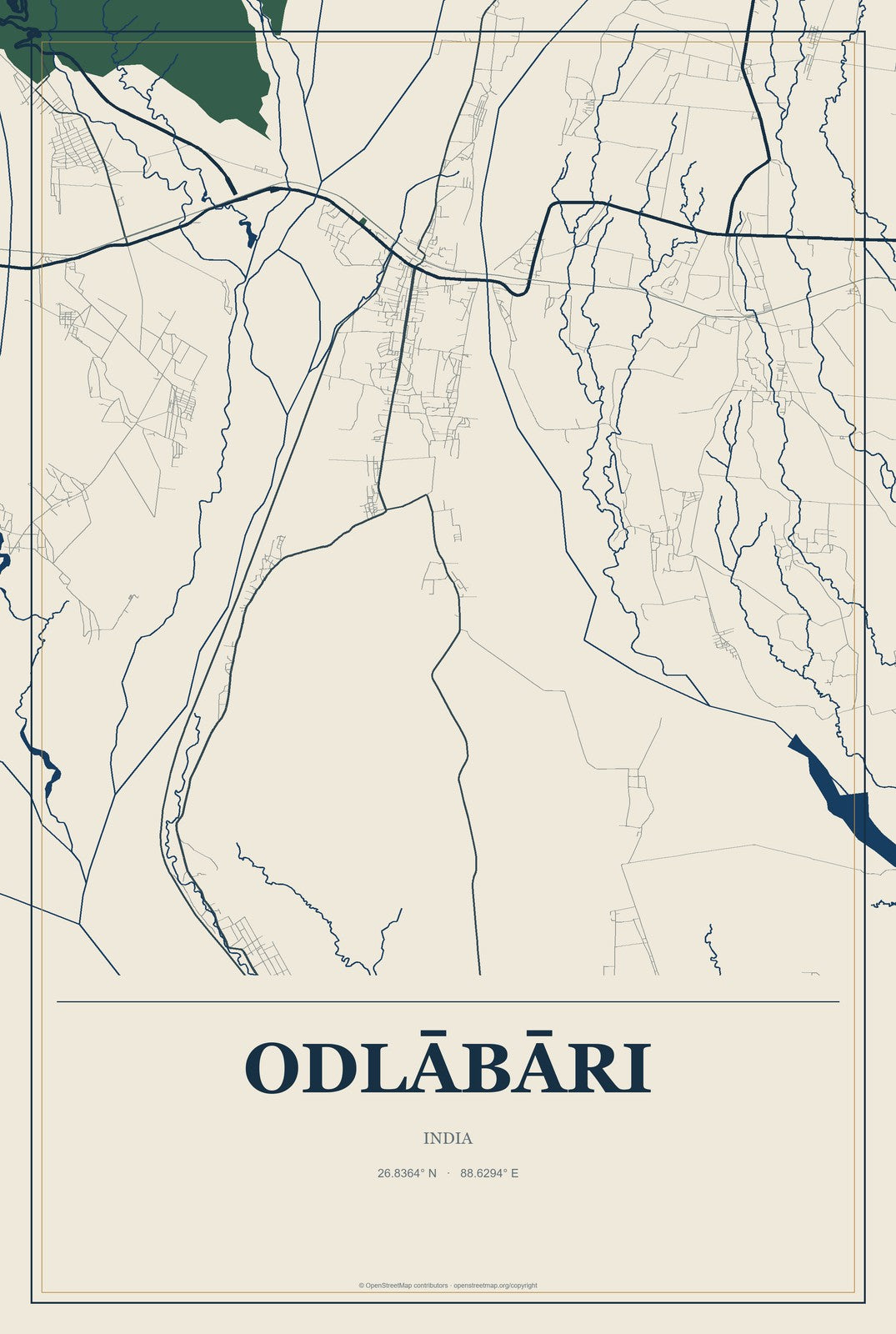 Odlābāri, India City Map Aluminum Sign in Coastal Cutout style