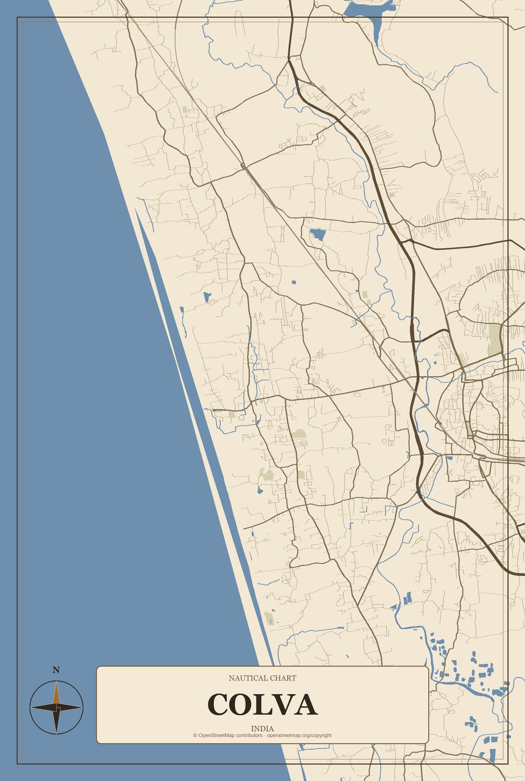 Colva, India City Map Aluminum Sign in Heritage Nautical style