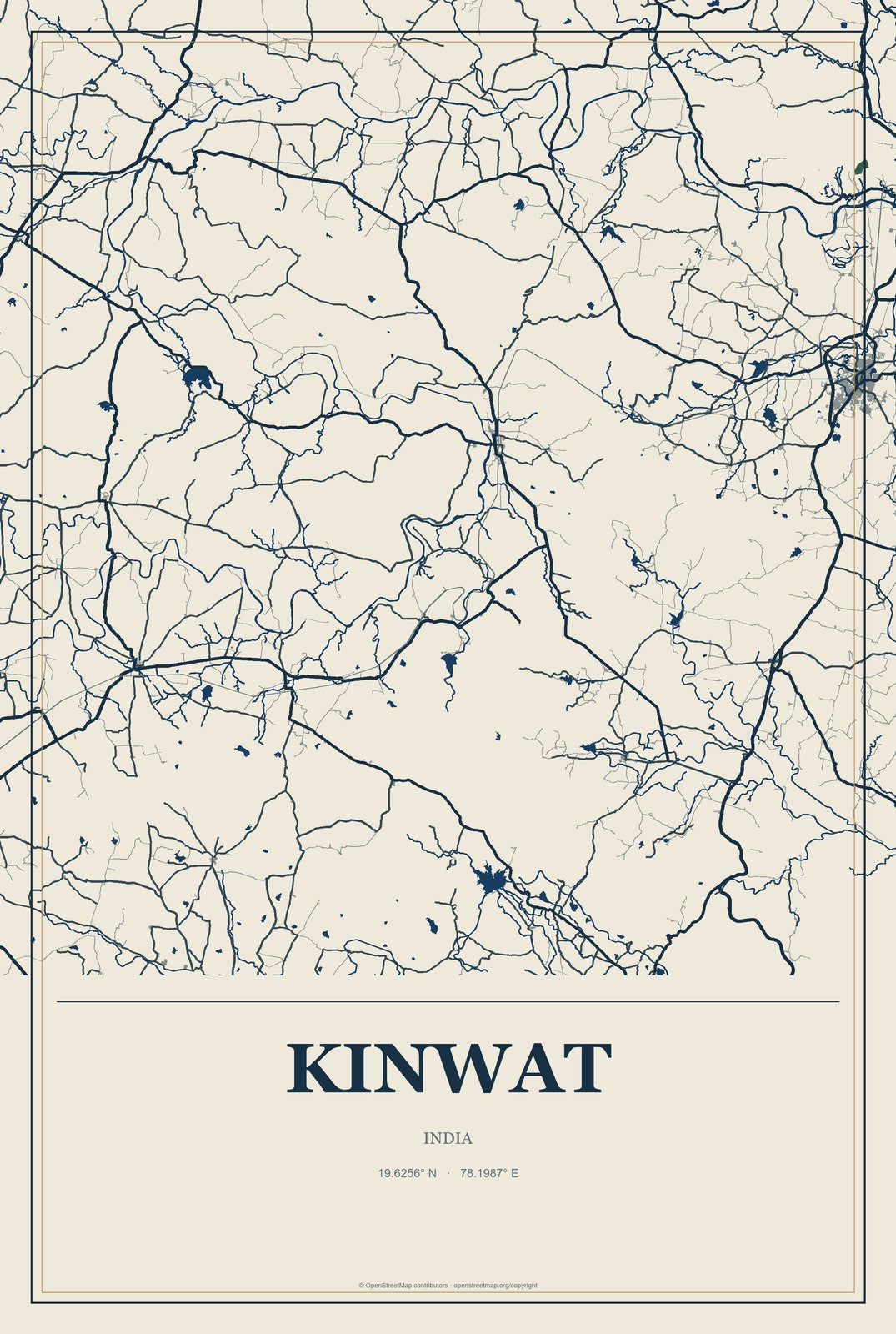 Kinwat, India City Map Aluminum Sign in Coastal Cutout style