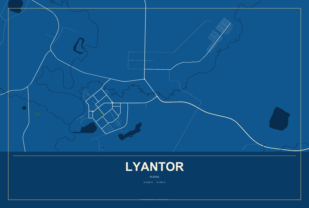Lyantor, Russia City Map Aluminum Sign in Harbor Cobalt style