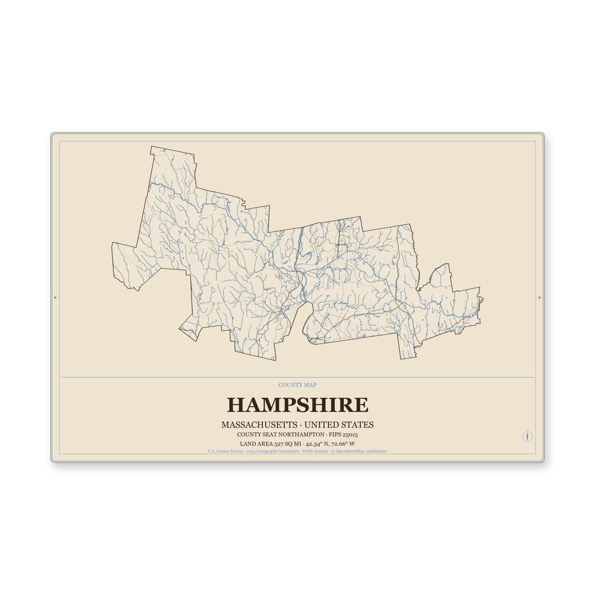 Hampshire County, Massachusetts Map Aluminum Sign in Heritage Nautical style