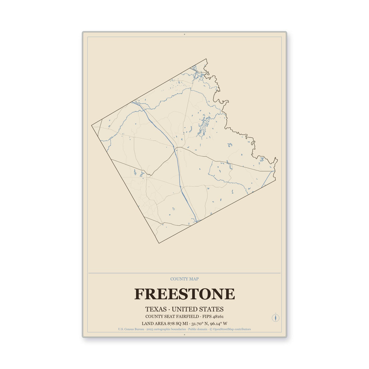 Freestone County, Texas Map Aluminum Sign in Heritage Nautical style
